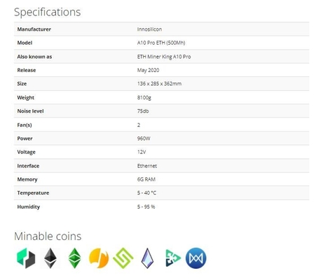 Pro 500Mh ETH Innosilicon Asic mineiro Ethereum 960W EtHash Algo de A10