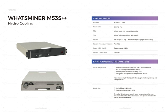 Hidro refrigerar de água refrigerando da máquina de mineração de Whatminer M53S++ 310T 328T BTC