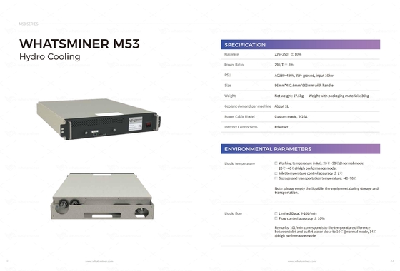 Hidro mineiro refrigerando refrigerar de água Bitcoin de Whatsminer M53S++ 310T 22j/T ASIC