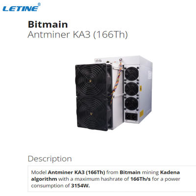 Stock KDA Miner Bitmain Antminer KA3 166T 3154W Consumo de energia