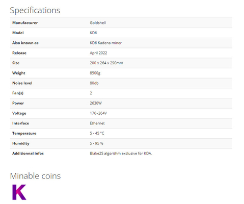 GOLDSHELL KD6 que MINA O MINEIRO Goldshell Asic Miner do ALGORITMO 26.3T 2630W KDA de KADENA