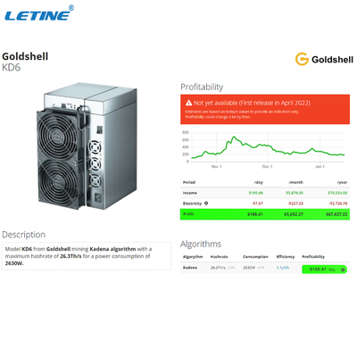 Poder superior de With 2630W do mineiro de Goldshell KD6 26.3Th/s Asic da mineração do lucro KDA