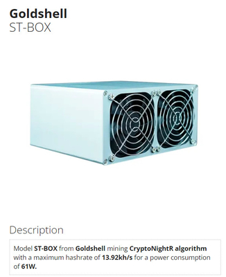 ST-BOX Goldshell que mina o hashrate do algoritmo de CryptoNightR 13.92kh do mineiro do poder 61W Goldshell Asic