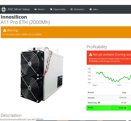 mineiro A11 pro 8G de Innosilicon Asic do algoritmo de 1500Mh EtHash