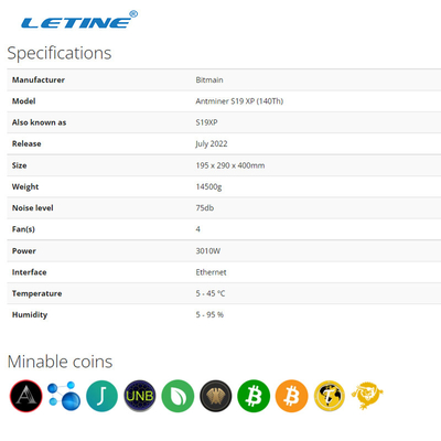 S19 XP 140TH 3100W Bitmain Asic Antminer Hashrate alto 75db