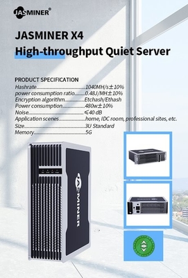 Tamanho 480W compacto de baixo nível de ruído de ETH Ethash Mini Miner Jasminer X4-Q 1040m rentável
